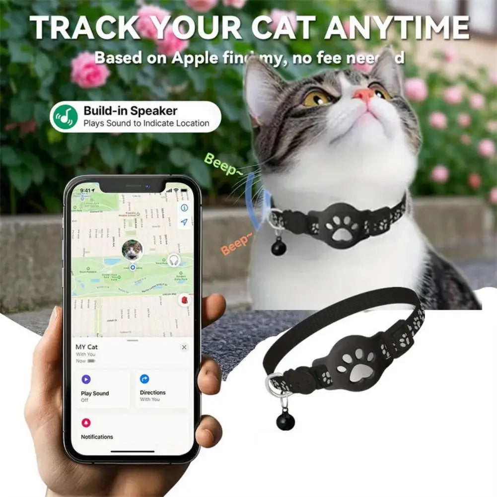 cat wearing a black tracking collar with image of a phone showing tracking app