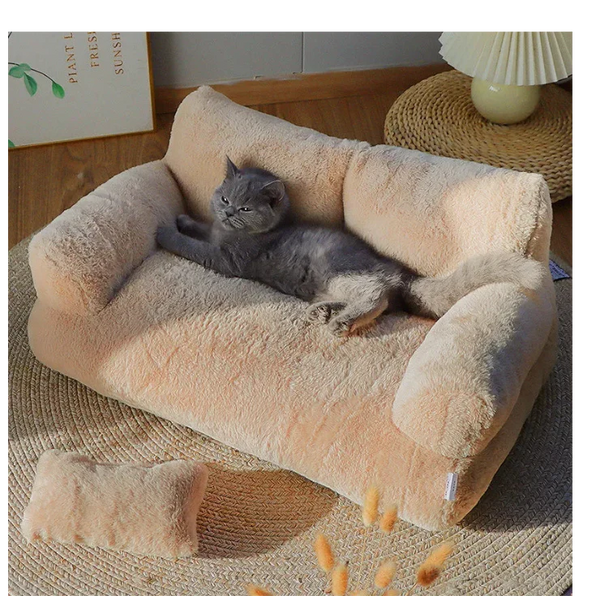Gray cat laying on a light brown couch