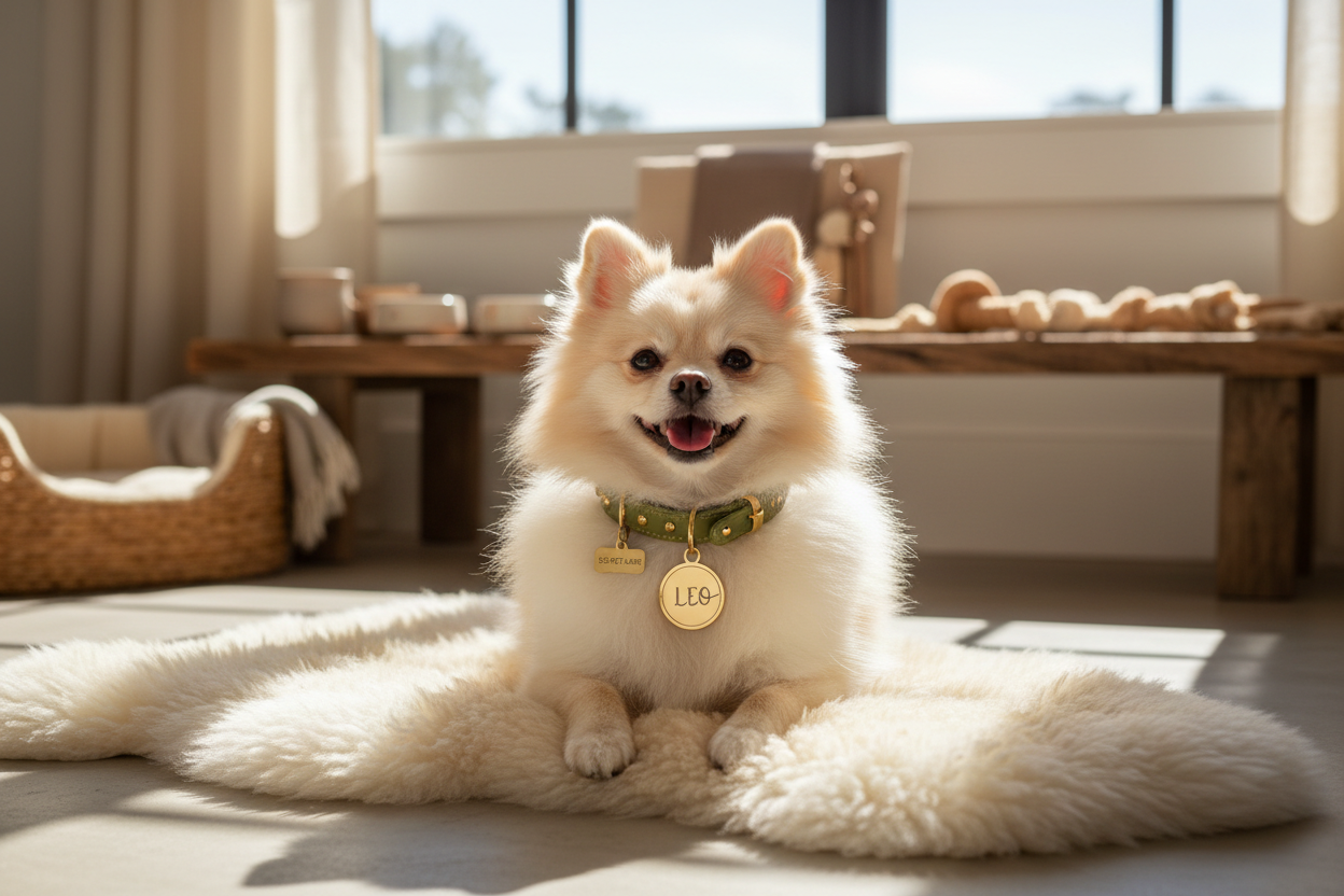 Toy pomeranian  laying on plush rug with personalized id tag & collar
