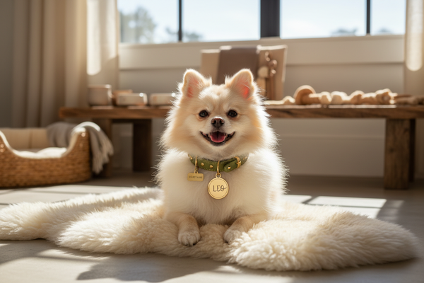 Toy pomeranian  laying on plush rug with personalized id tag & collar