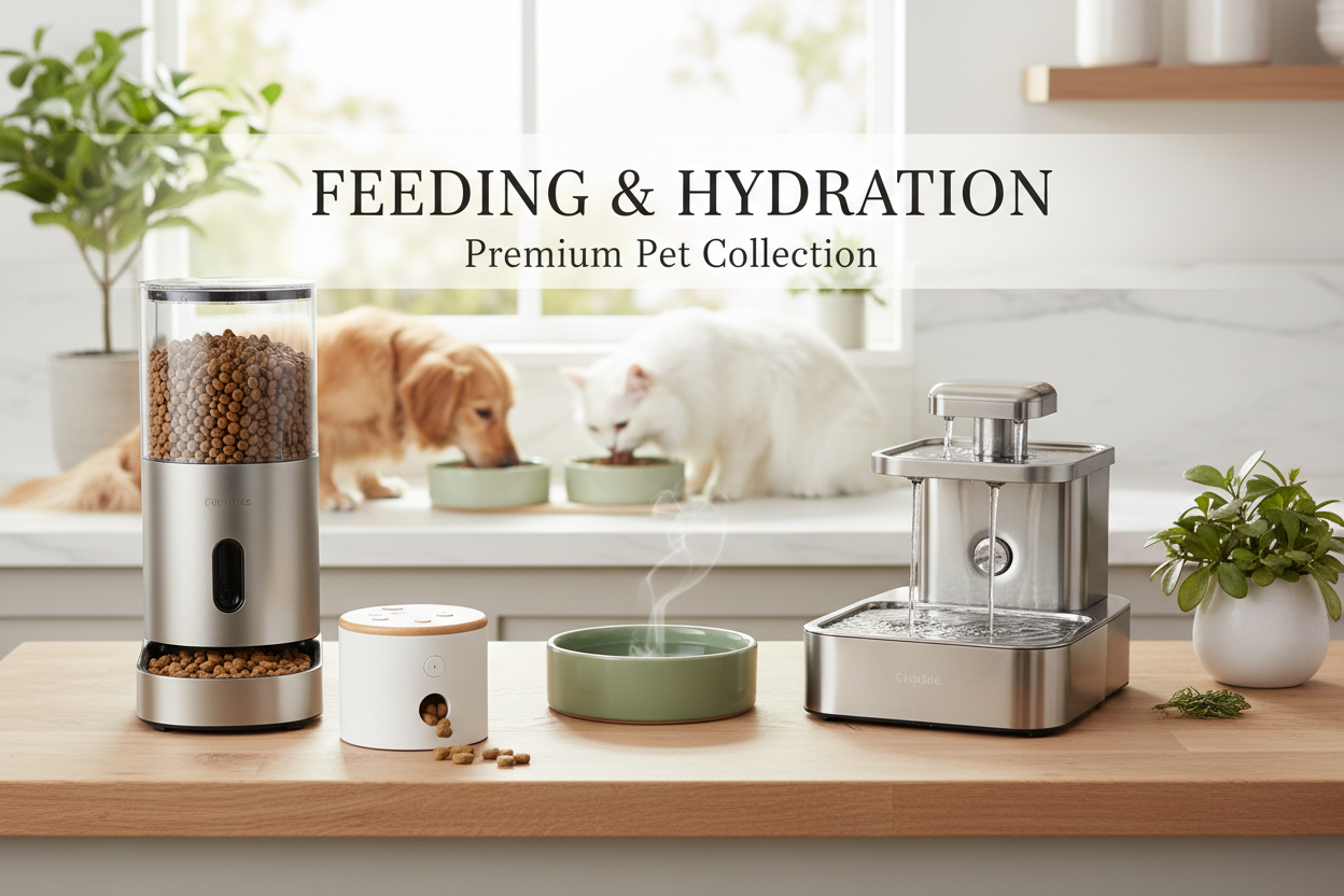An image of a dog & cat eating out of bowls and an array of other products 