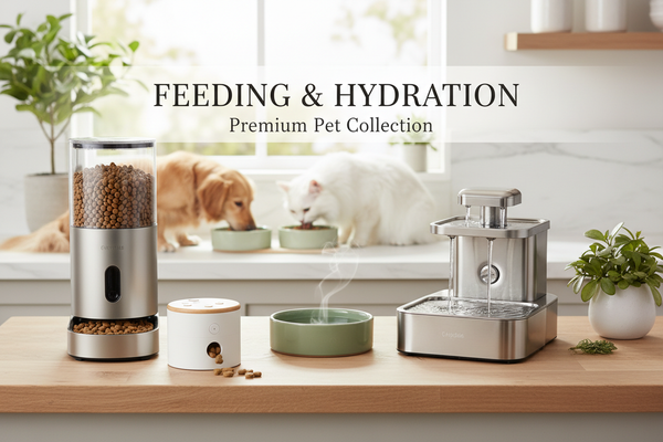 An image of a dog & cat eating out of bowls and an array of other products 