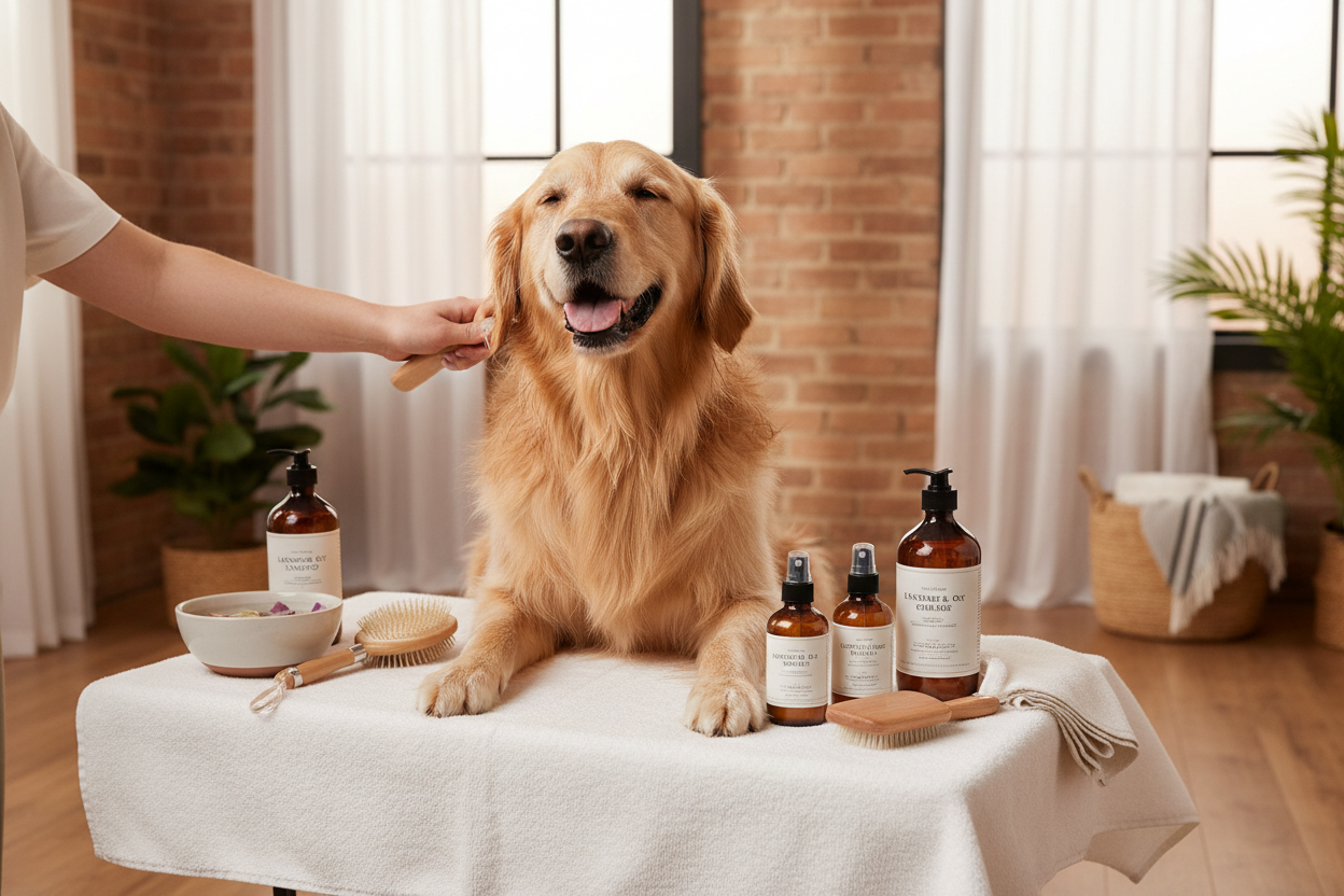 Golden retriever waiting to be groomed