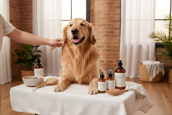 Golden retriever waiting to be groomed
