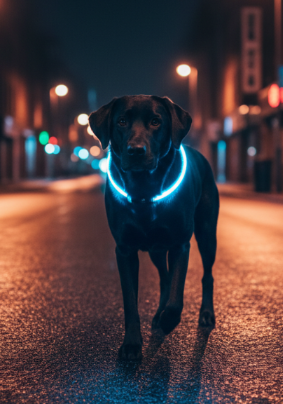 Dog standing in a city street at night wearing a led glowing collar