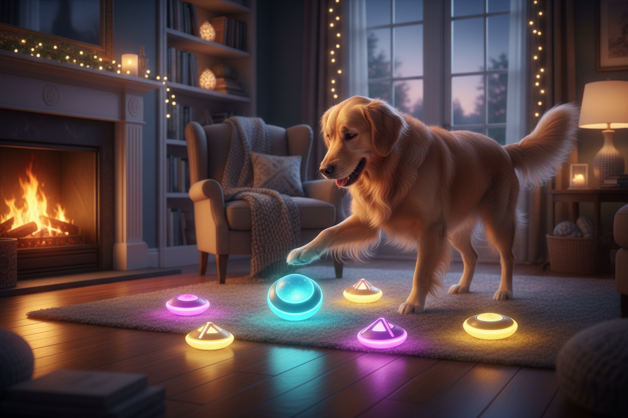 Dog playing with glowing interactive toys