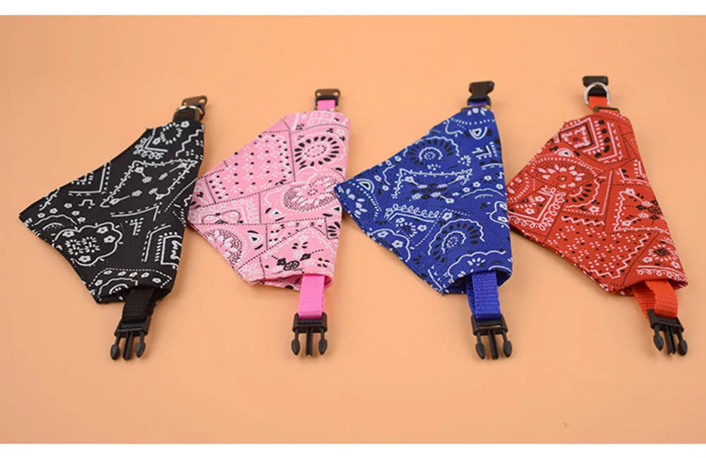 Four bandana-style dog collars in black, pink, blue, and red on a peach background.