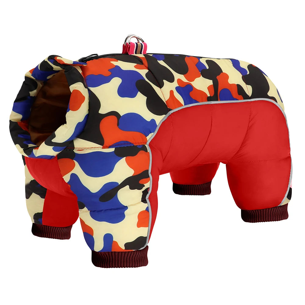 Colorful camouflage-patterned dog coat with red pants on a white background