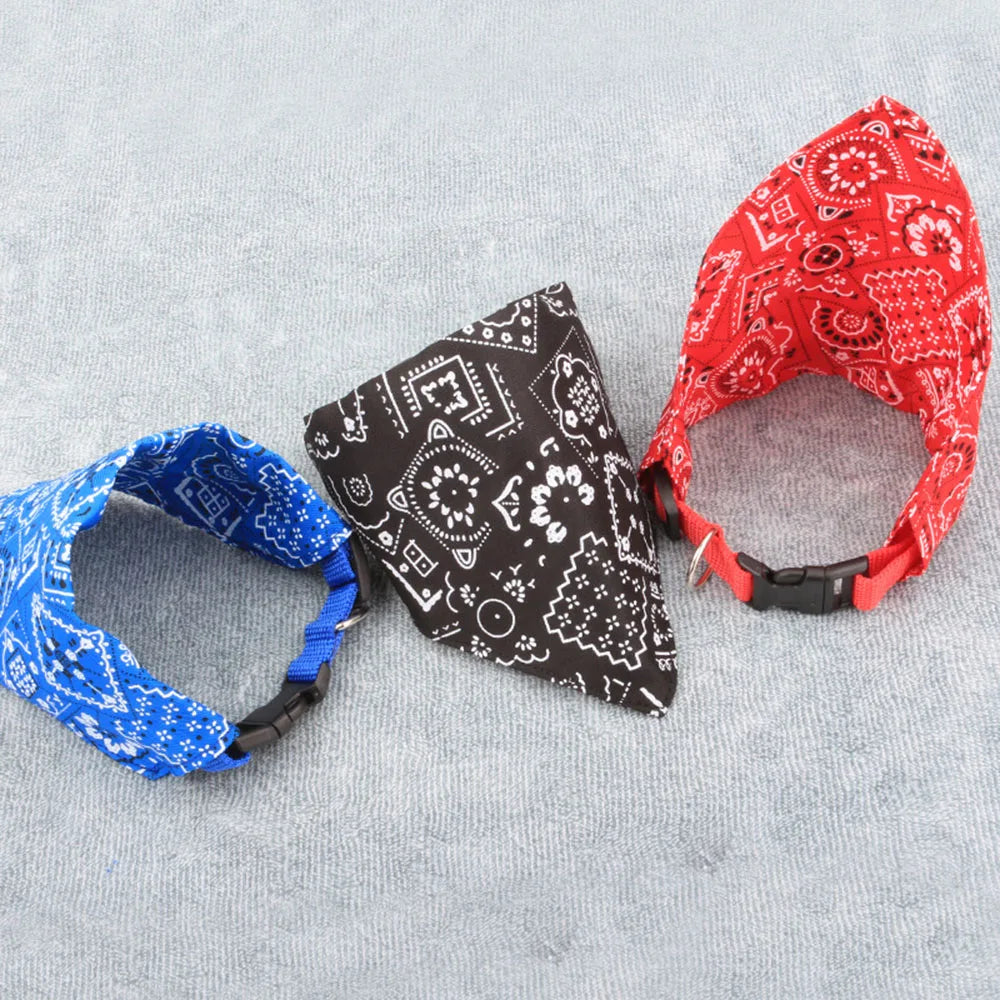 Three bandana-styles in red, black, and blue on a gray background