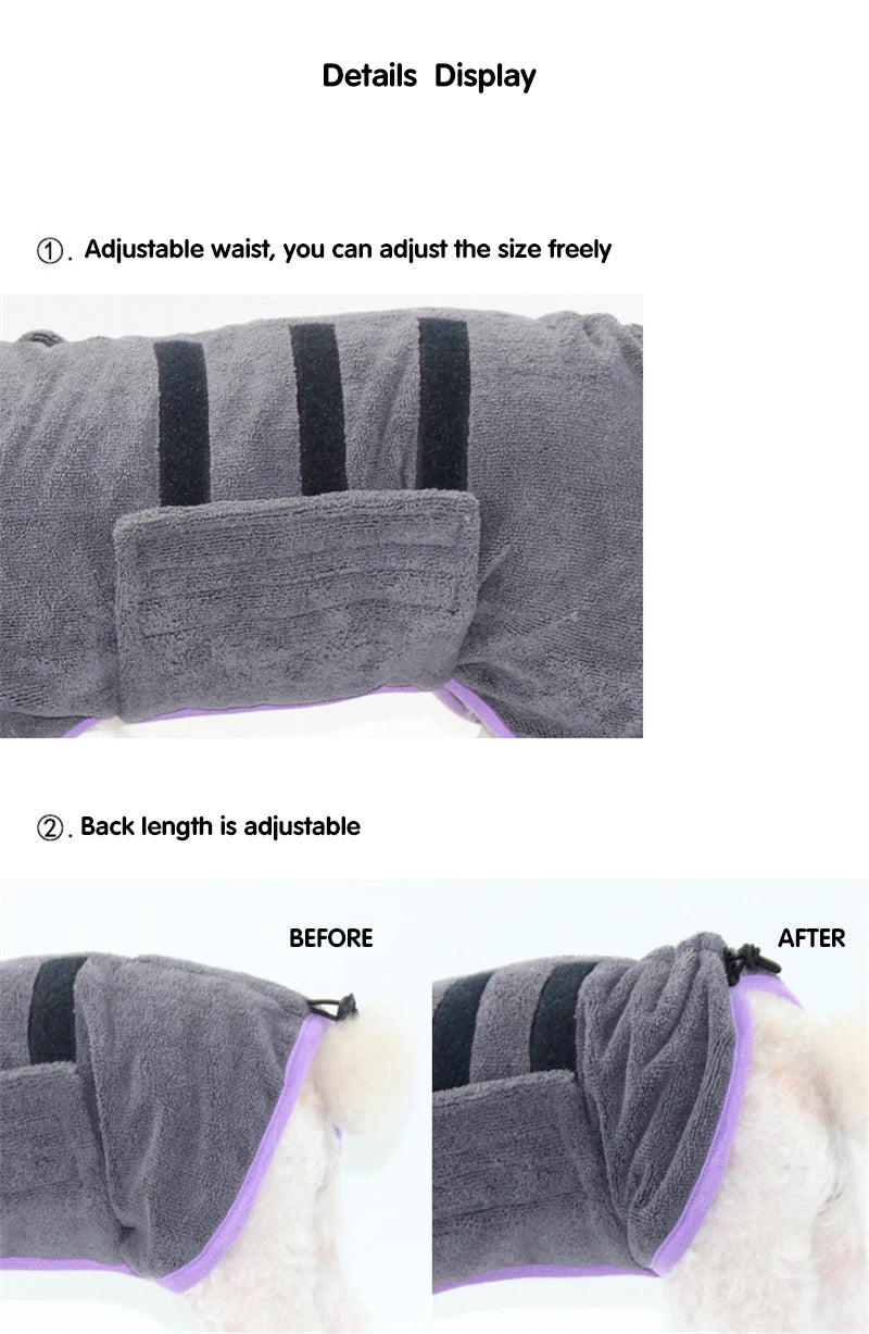 Gray pet coat with adjustable waist and back length, showing 'before' and 'after' comparison on a white background.