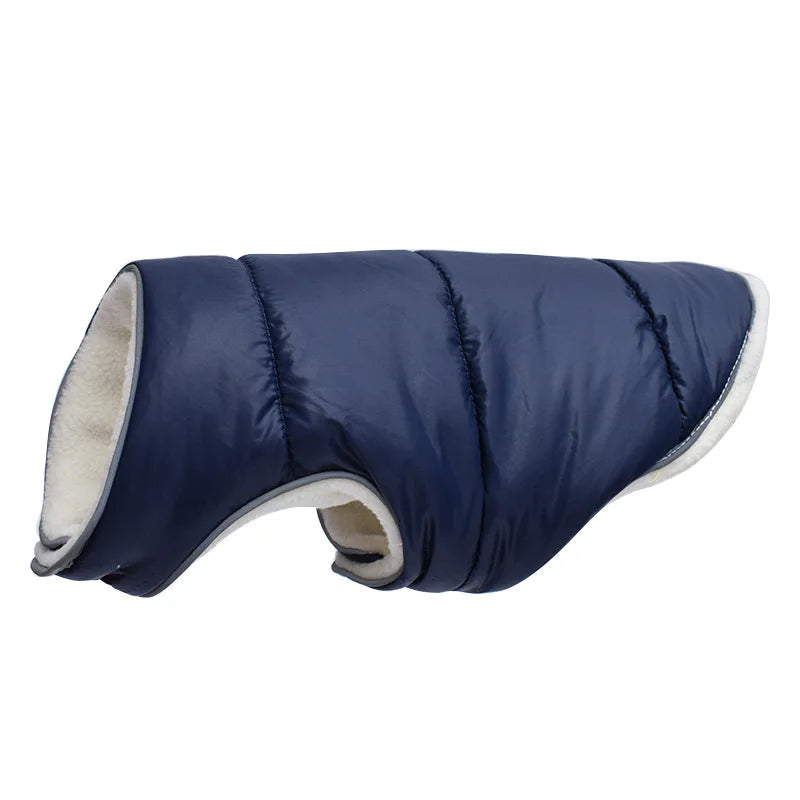 Navy blue dog coat with white interior on a white background