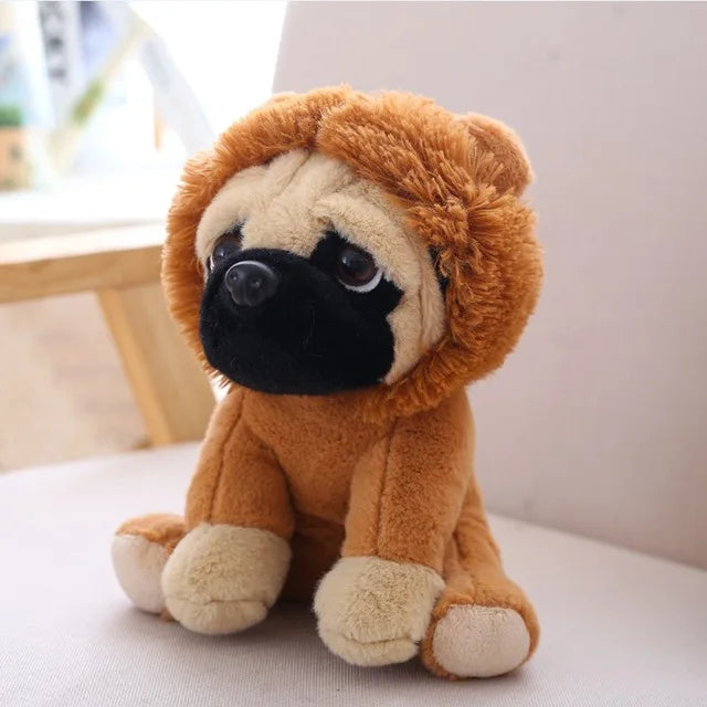 Plush toy pug dog in a lion costume sitting on a light surface.
