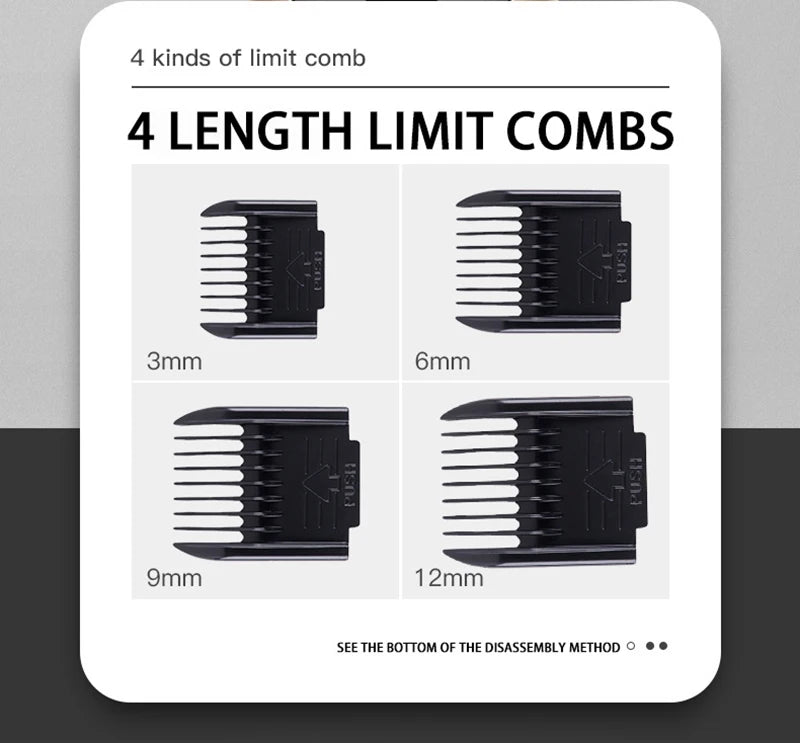 Packaging of 4 length limit combs with different sizes on a white background.