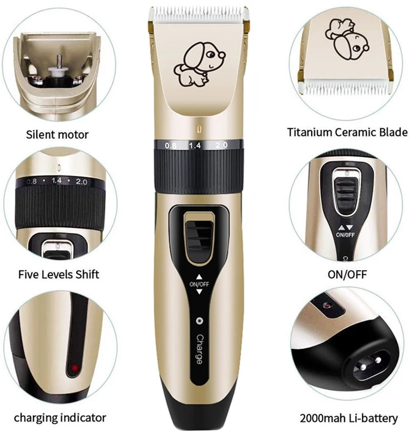 Pet grooming clipper with features highlighted on a white background