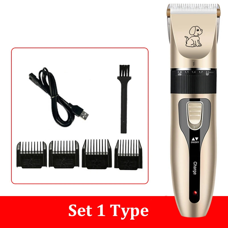 Pet grooming clipper set with attachments on a white background