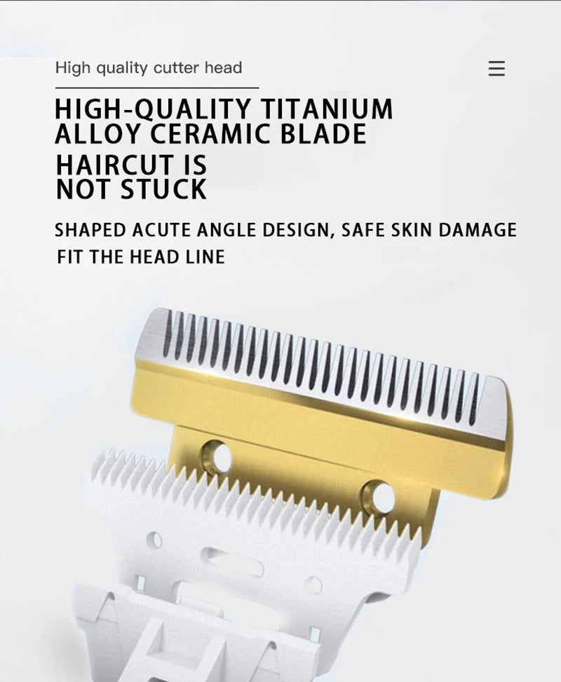 Haircutting tool with gold and silver blade on a white background