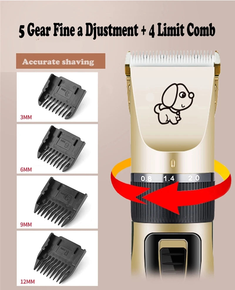 Dog grooming clipper with adjustable comb sizes on a beige background