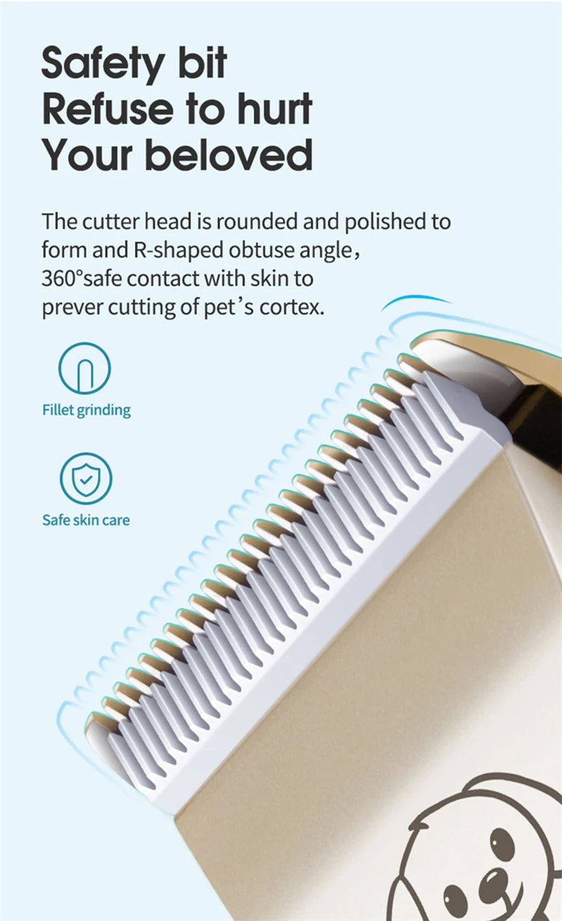 Pet grooming comb with safety features and text on a white background