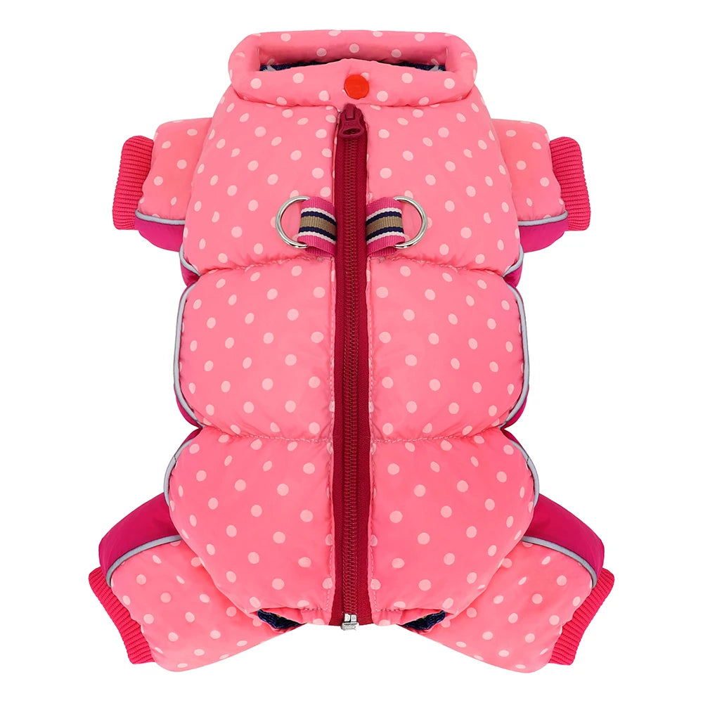 Pink polka dot dog coat with a red zipper on a white background
