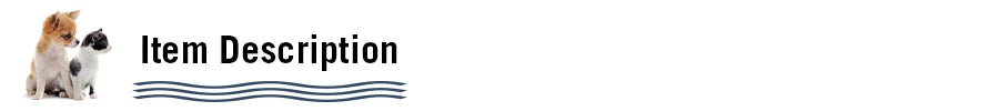 Dog sitting on a white background with text 'Item Description' and a wavy line.