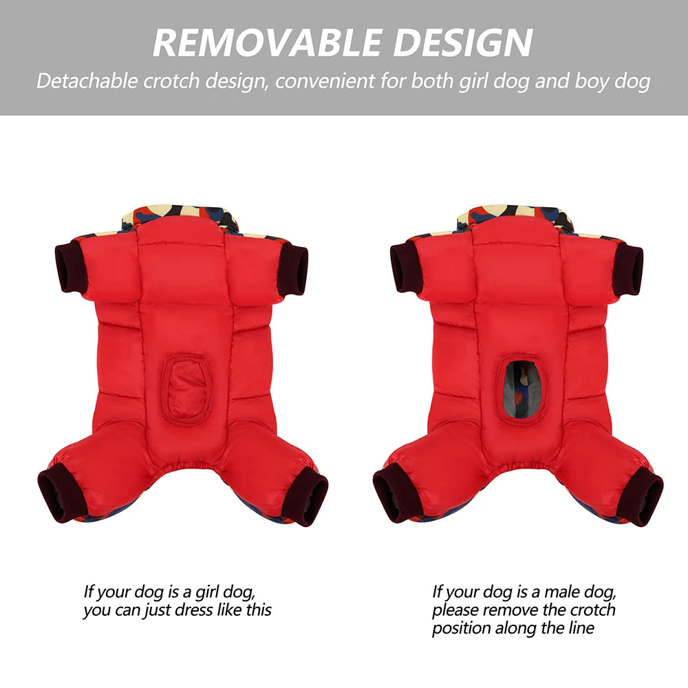 Red dog coat with detachable crotch design on a gray background