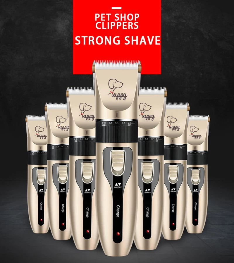 Set of pet grooming clippers with 'Puppy' branding on a dark background