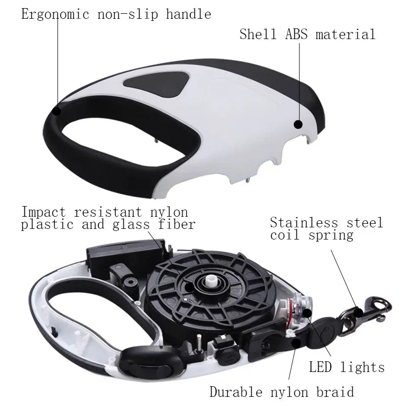 Dog leash with labeled components on a white background