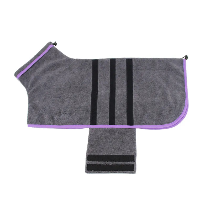 Gray dog coat with black stripes and purple trim on a white background