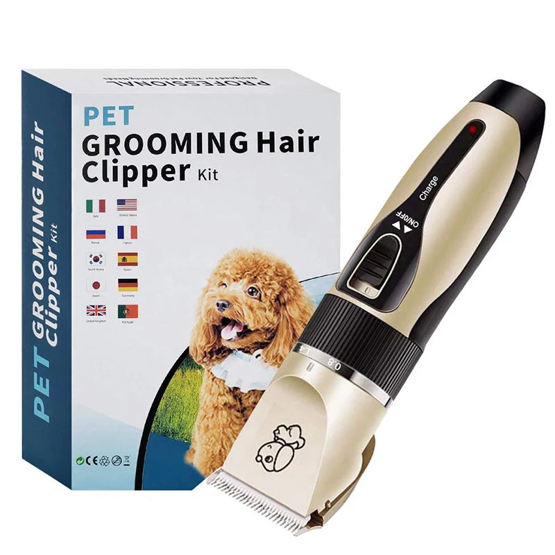 Pet grooming hair clipper with packaging displaying a dog and product details.