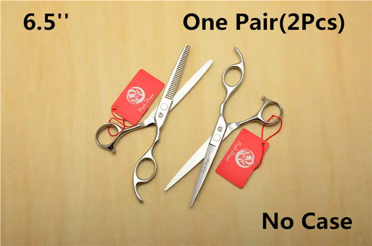 Two pairs of scissors with red tags on a beige background, labeled as 'One Pair (2Pcs)' and '6.5"'.