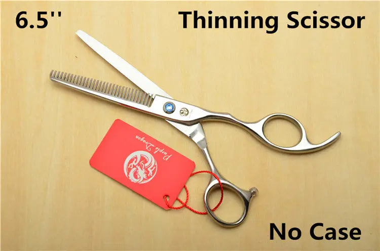 6.5 inch thinning scissors with a red tag on a beige background