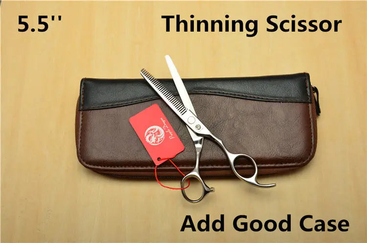 5.5 inch thinning scissors with a brown case on a beige background