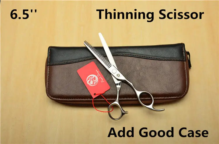 6.5 inch thinning scissors with a brown case on a beige background