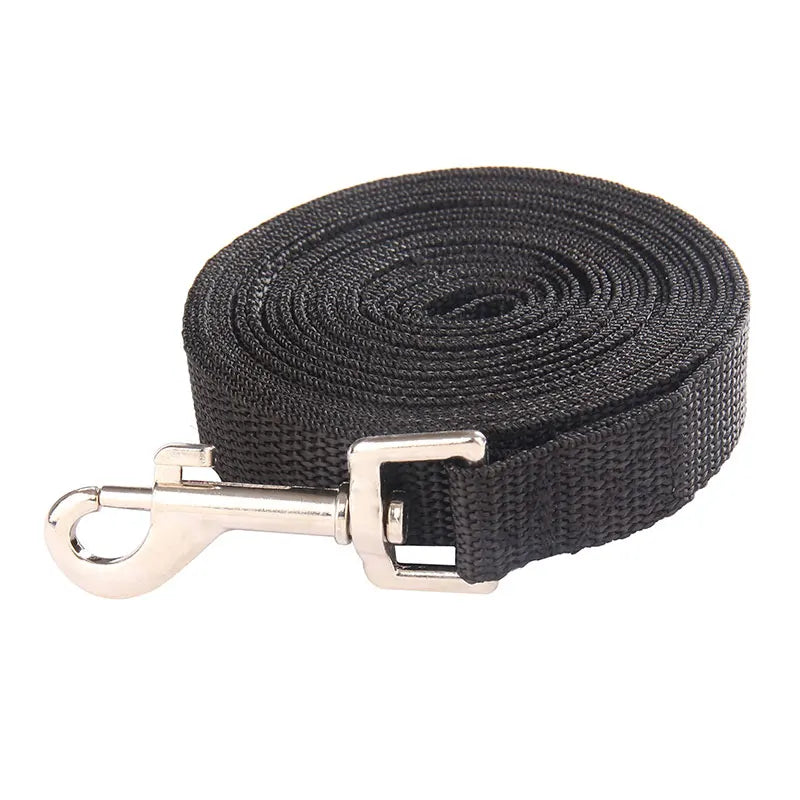 Black dog leash with a silver clip on a white background