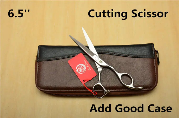 6.5-inch cutting scissors with a brown case on a beige background