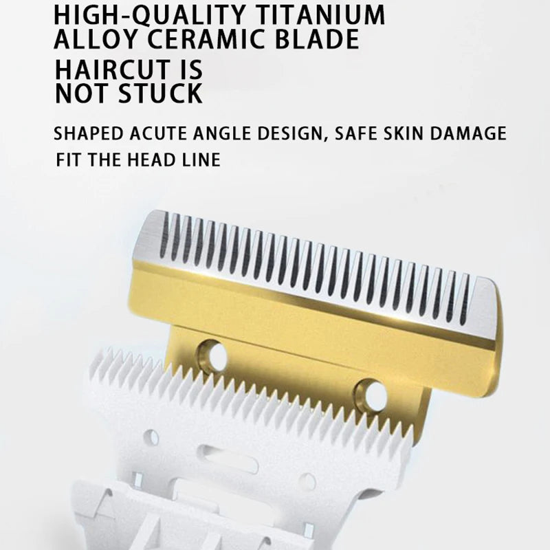 Haircutting blade with gold and white design on a light gray background