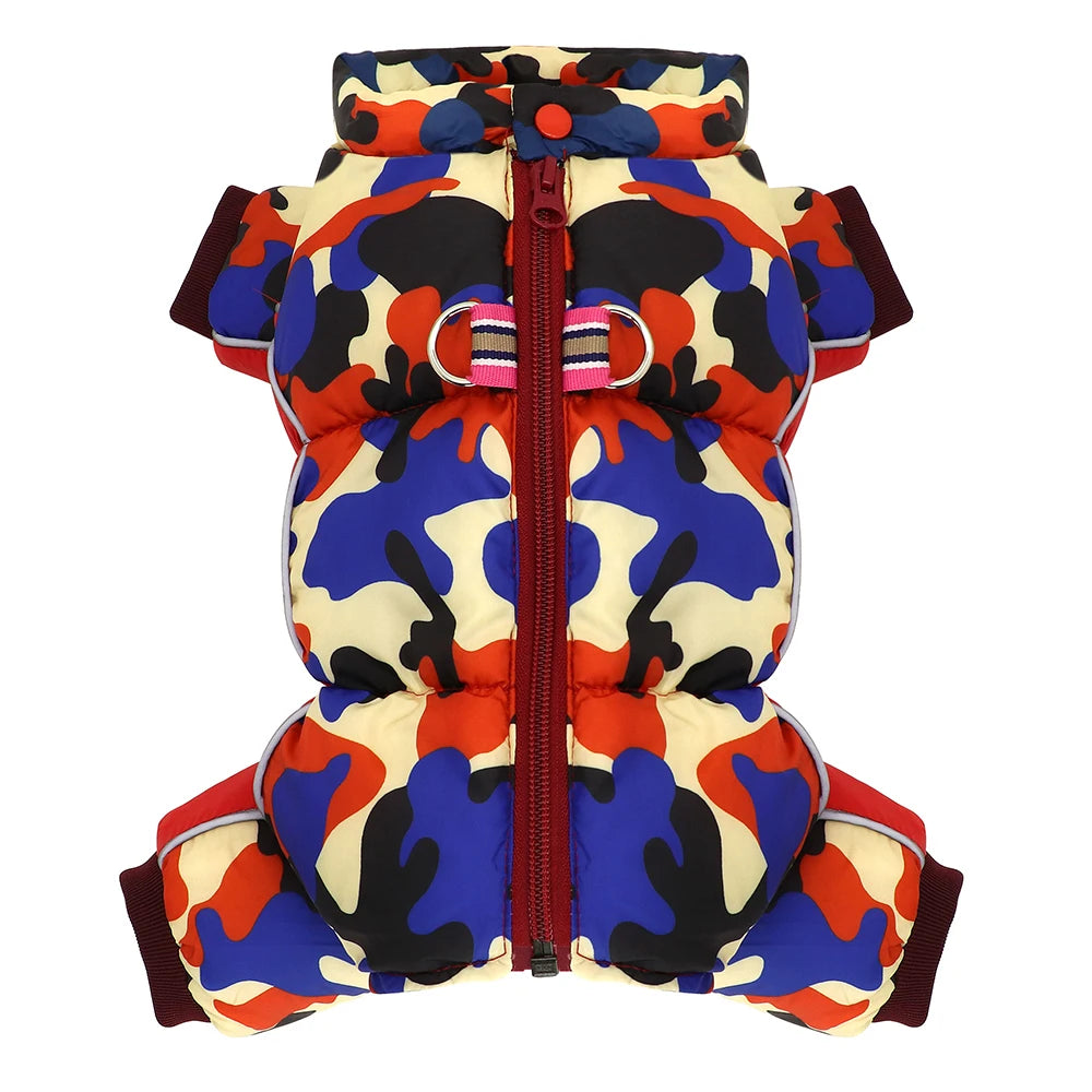 Colorful camouflage dog coat with a red zipper on a white background