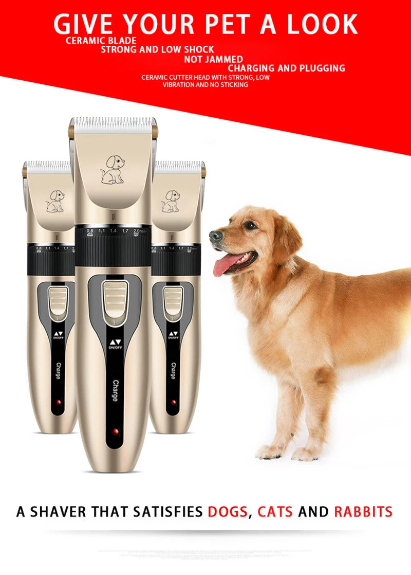 Pet grooming clippers with a dog on a white background, featuring text about product features.