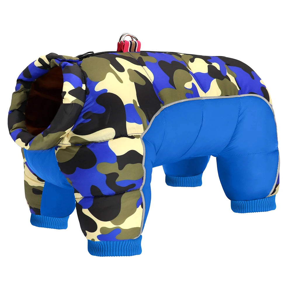 Camouflage jacket and blue pants on a white background