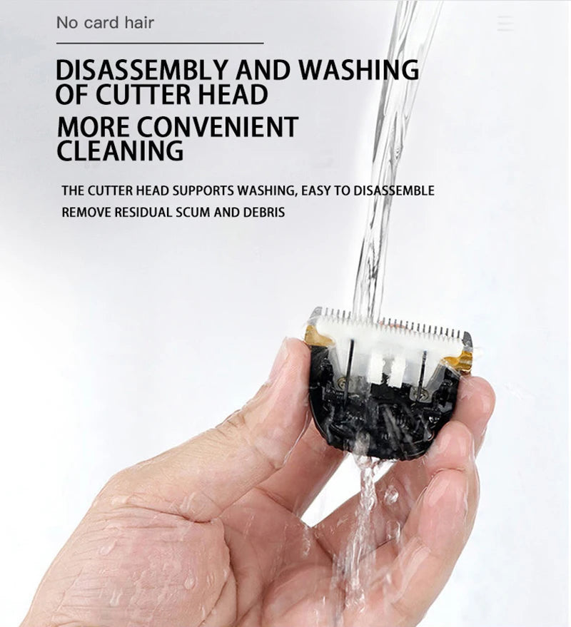 Hand holding a hair cutting machine head with water flowing over it, on a white background.