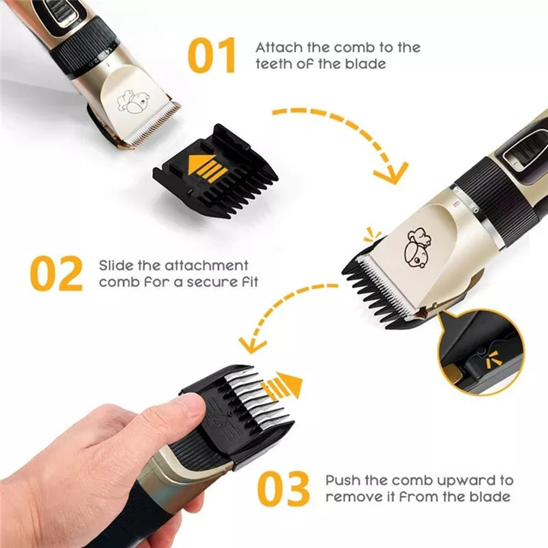 Instructions on how to attach and remove a comb from a hair trimmer.