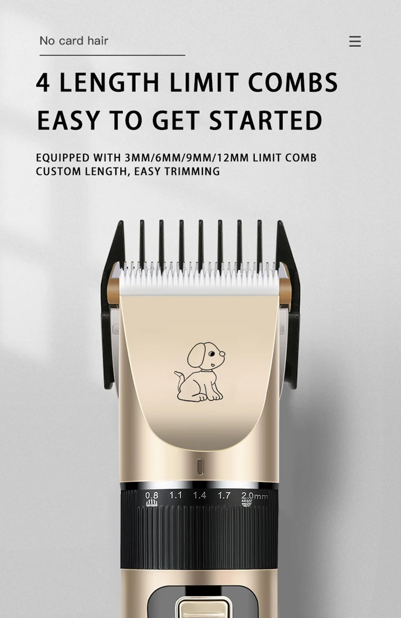 Dog grooming trimmer with text on a gray background