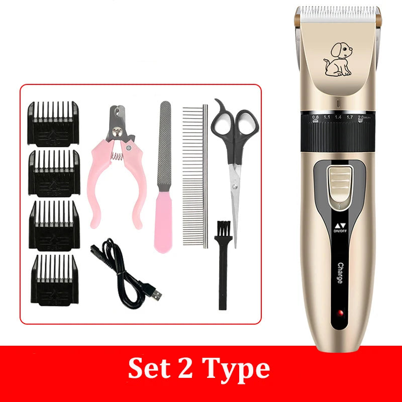 Pet grooming tool set with a gold clipper, attachments, and tools on a white background.