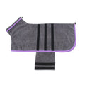 Gray dog coat with black stripes and purple trim on a white background