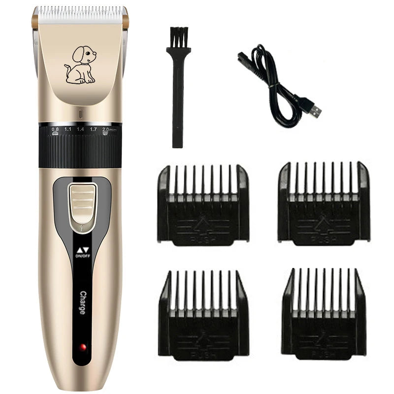 Dog grooming trimmer set with attachments on a white background
