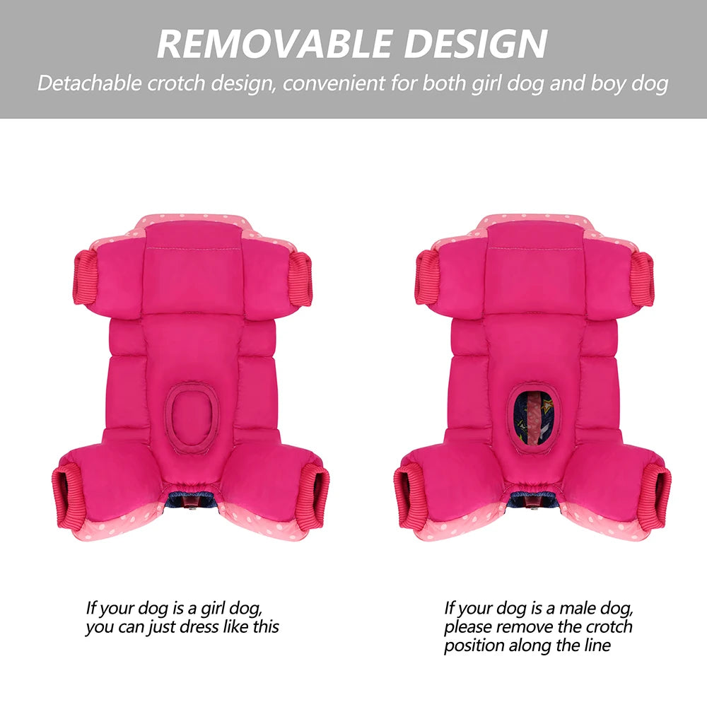 Pink doggie outfit with detachable crotch design on a white background