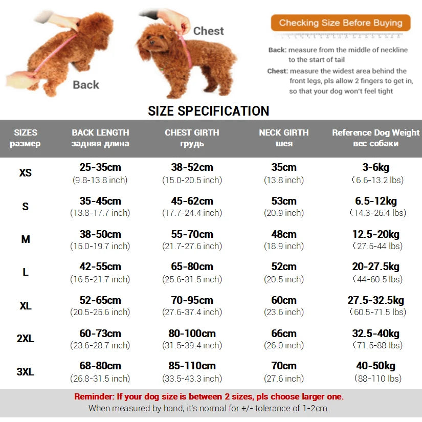 Dog size chart with measurements for different sizes