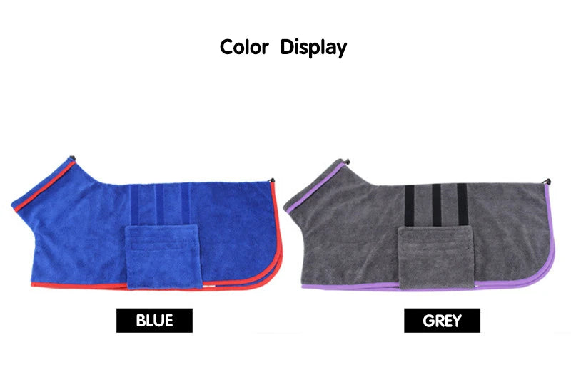 Two dog coats, one blue and one gray, displayed side by side with labels underneath.