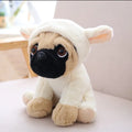 Stuffed toy pug dog wearing a lamb costume on a light background