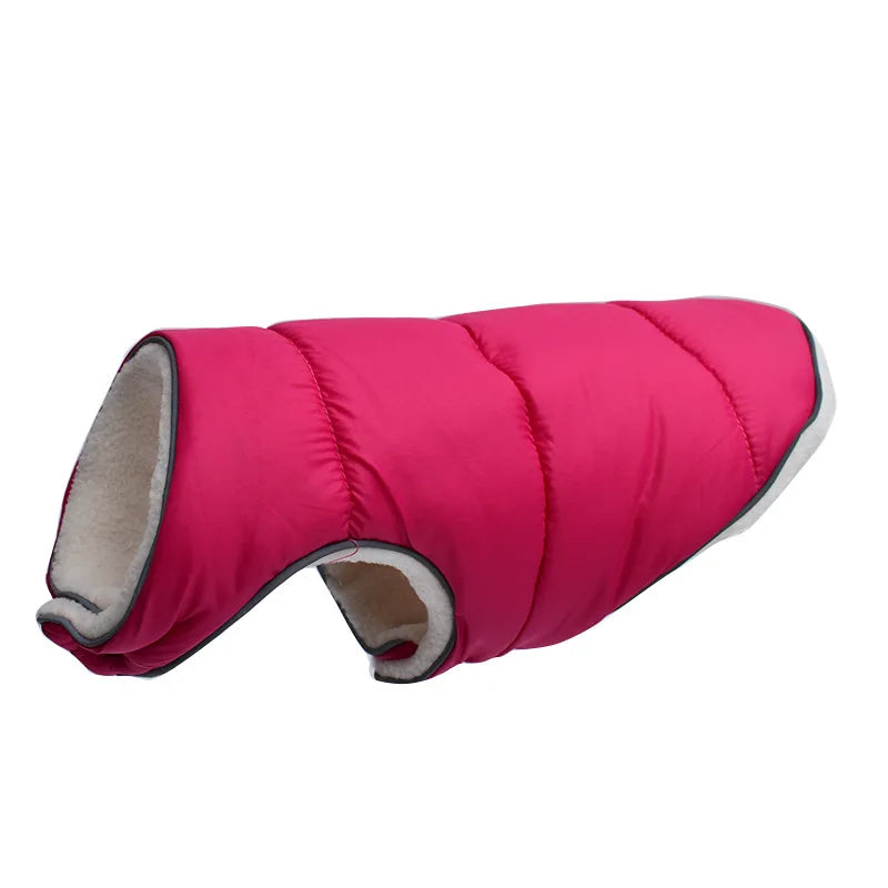 Pink dog coat with gray trim on a white background